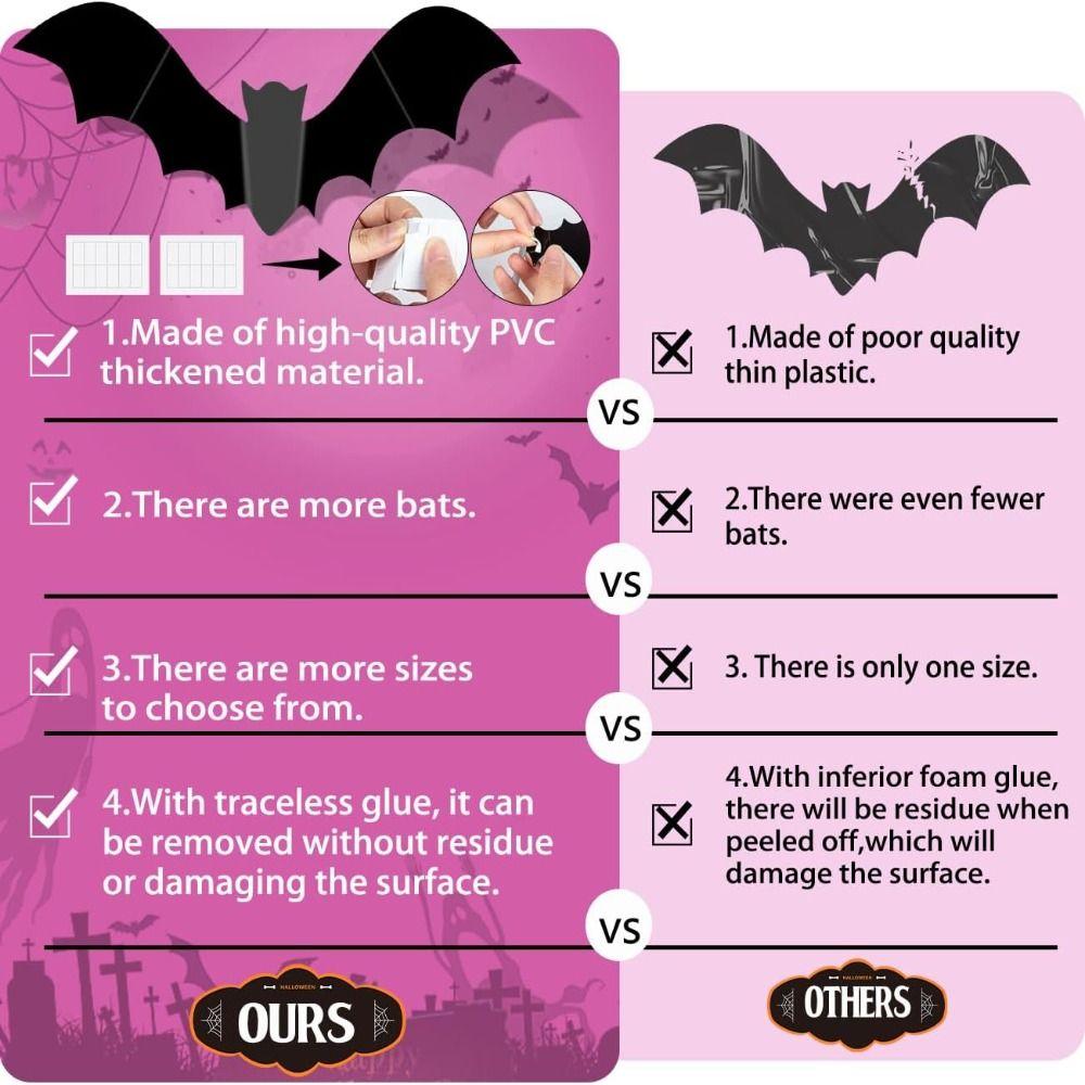 32PCS 3D Pink Bats Halloween Window Bat Stickers Wall Decal  Halloween Party Decorations
