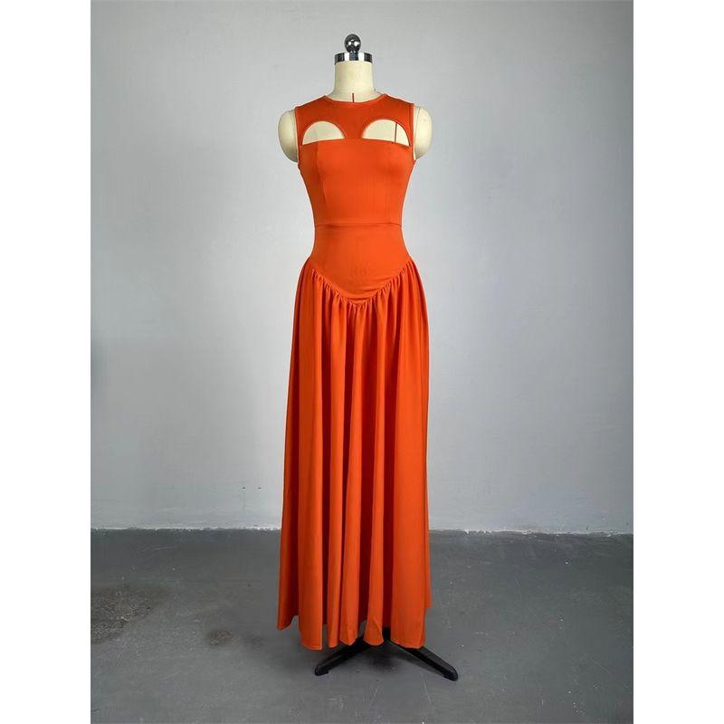 

European and American New Elegant round Neck Hollow Slim fit Slimming Sleeveless Dress Sexy Hollow out Dress Orange Red S