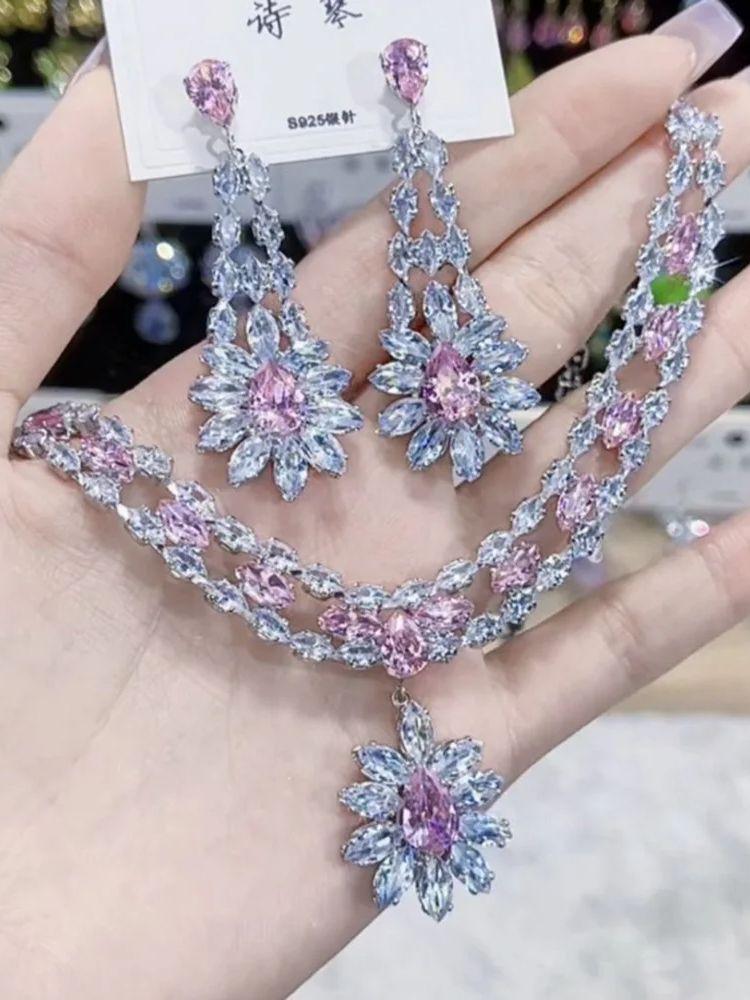 Women's Fashion Luxury Zirconia Crystal Pink Necklace Earrings Set Bracelet Jewelry Set Bridal Wedding Banquet Party Holiday