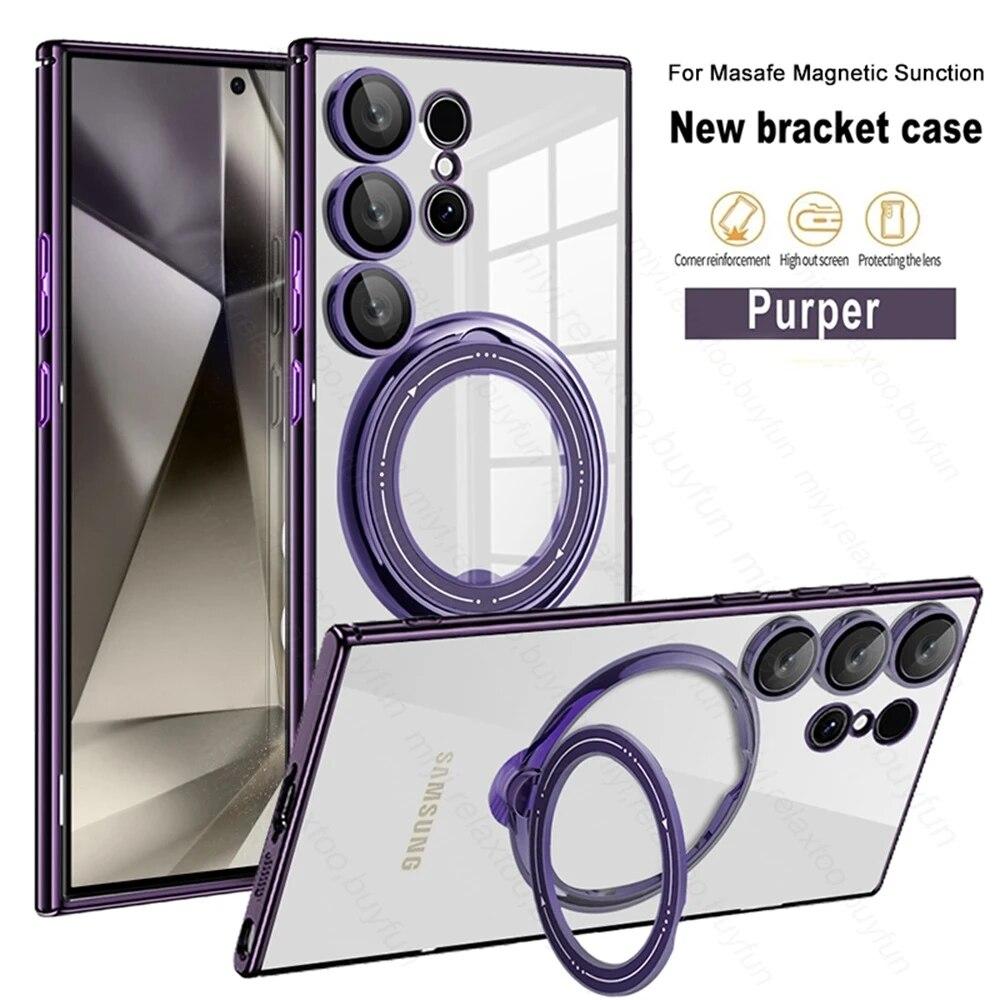 

Прозрачный чехол с покрытием для MagSafe Samsung Galaxy S24 Ultra Sumsung S24 Plus S24Ultra, защитный чехол с кольцом и подставкой для камеры, чехол для телефона Samsung S22 plus фиолетовый