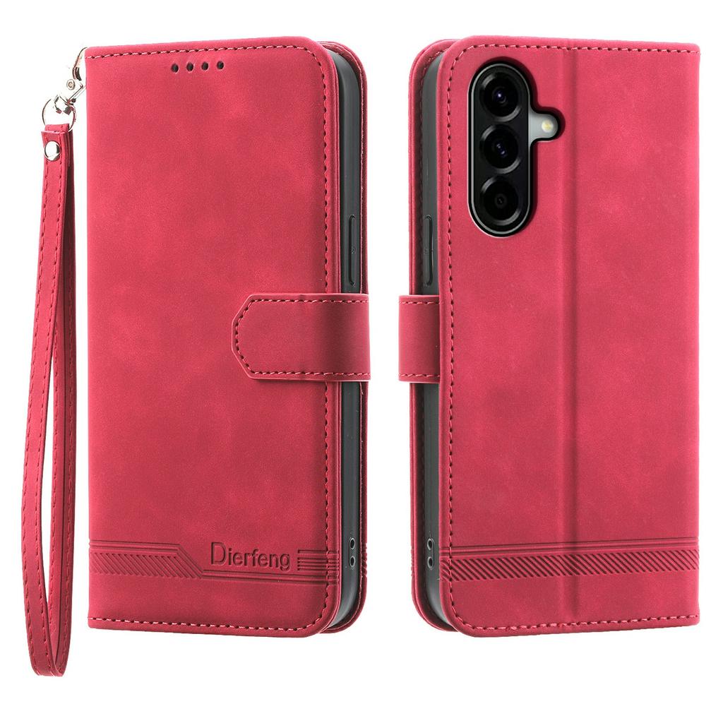 DIERFENG DF-03 For Samsung Galaxy A57 5G Case Lines Imprint Wallet Leather Phone Cover with Wrist Strap