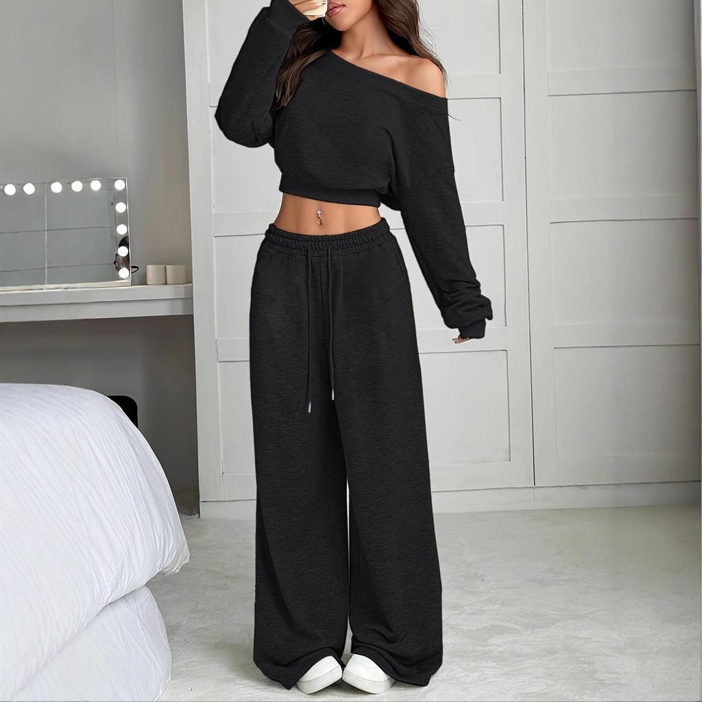 Women's Casual Solid Color Off-Shoulder Knit Sweatshirt Set