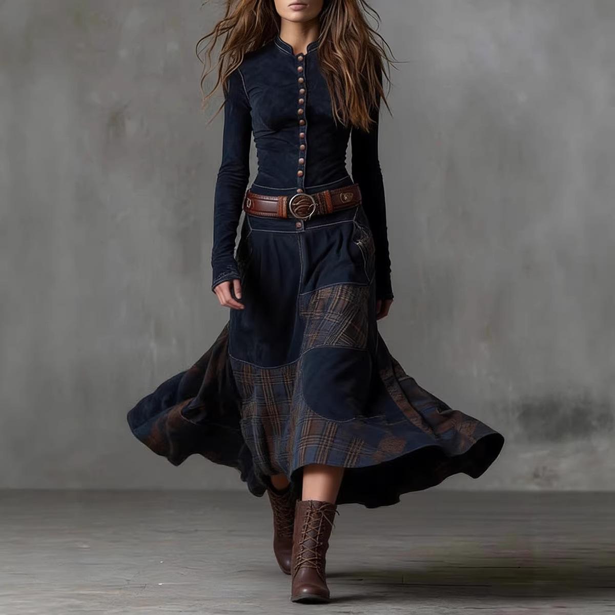 Women Autumn‑Winter Suede Plaid Patchwork Maxi