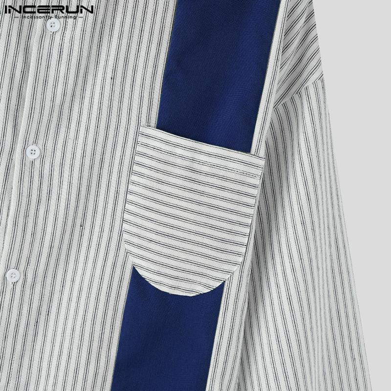 INCERUN Męskie koszule casualowe oversize z klapami, z krótkim rękawem, w paski, patchworkowe