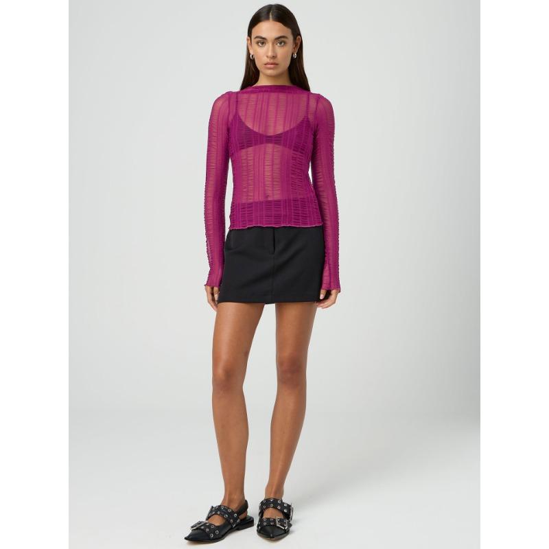 Dámský sexy top s průstřihy, kulatým výstřihem, jednobarevný, průsvitný, s dlouhým rukávem