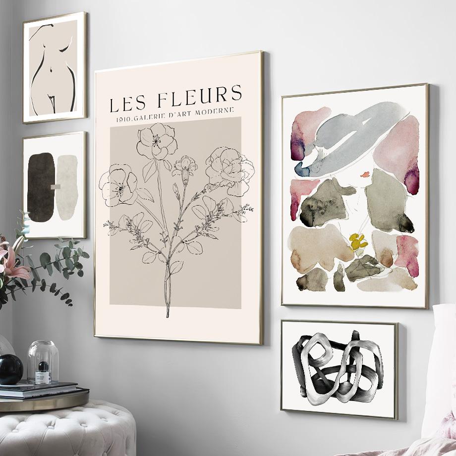 Abstract Line Leaf Flower Beige Black Botanical Wall Art Canvas Painting Posters And Prints Wall Pictures For Living Room Decor