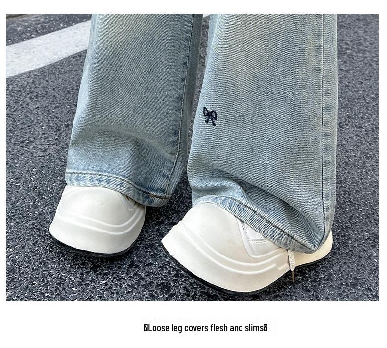 Girls' Spring 2025 Embroidered Butterfly Wide Leg Jeans - Korean Style Straight Leg Denim for Older Children