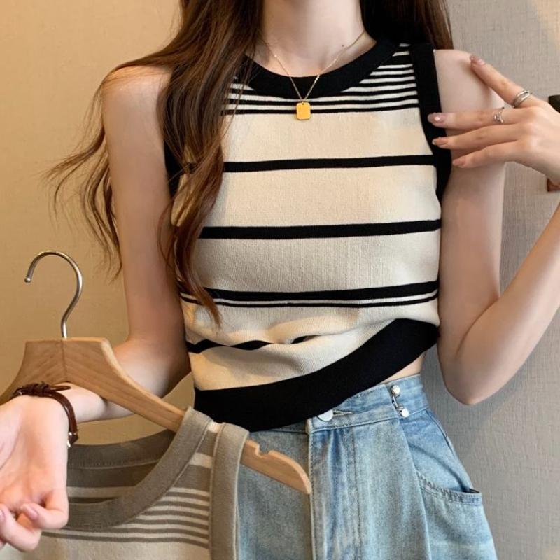 Women's Color-Block Striped Knit Camisole Summer Outer Wear Stylish French Unique Lining Sleeveless Top