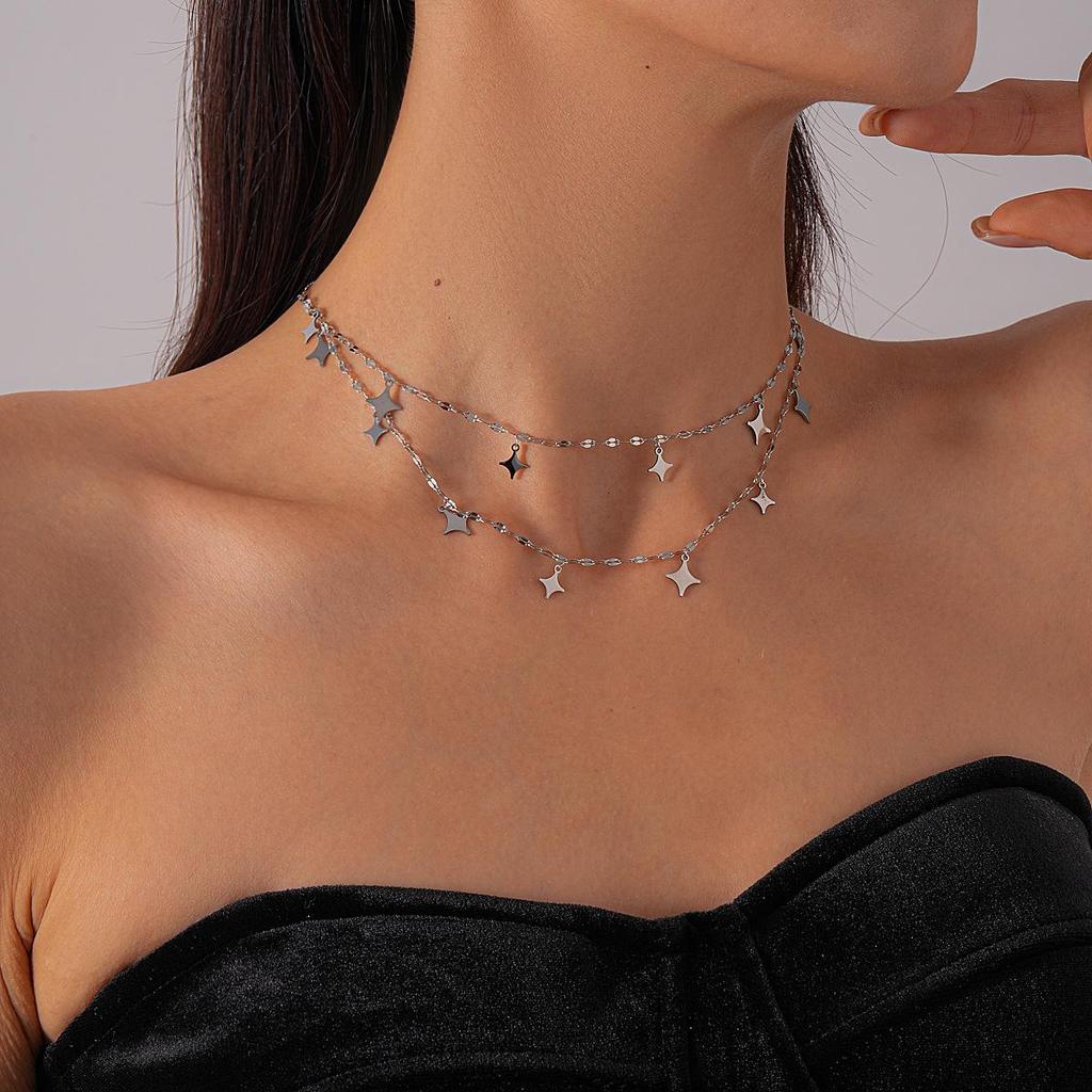 Light Luxury Stainless Steel Starburst Tassel Necklace: High-End Double Layer Clavicle Chain for Women's Fashion