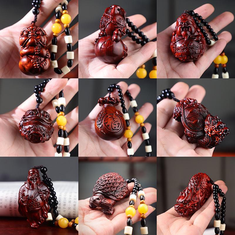 Small-Leaf Red Sandalwood Pendant: Wealth-Attracting Pixiu, Gourd, Dragon, Tortoise Design