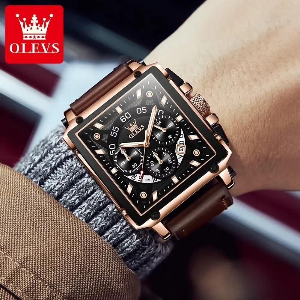 Top Brand Luxury Mens Watches Fashion Blue Square Quartz Watch for Men Sport Leather Strap Chronograph Wristwatches