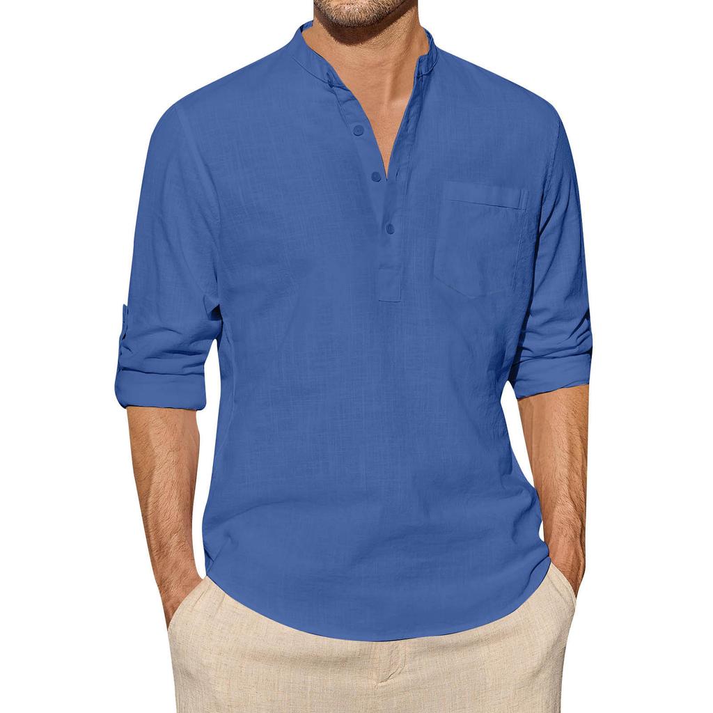 Designer Spring Summer Men's Casual Cotton Linen Solid Color Long Sleeve Shirts Loose Stand Collar Shirts