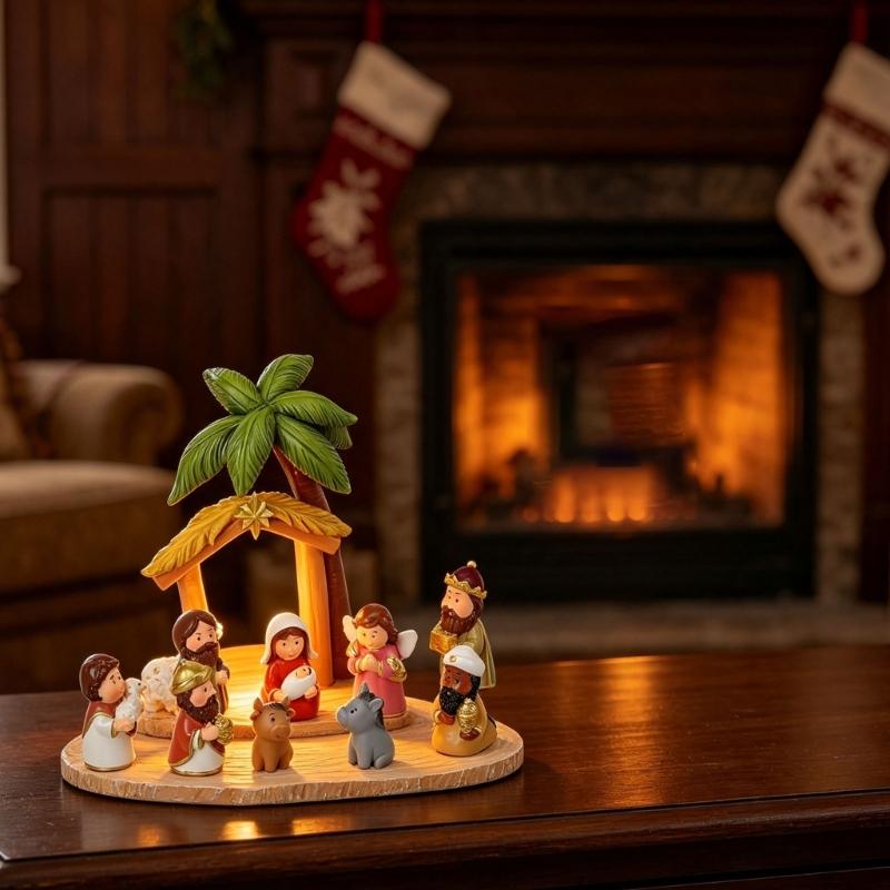 Christmas Cartoon Nativity Scene Miniature Figurines Set Resin Manger Scene Statues Ornaments for Home Decoration Collectible Gift