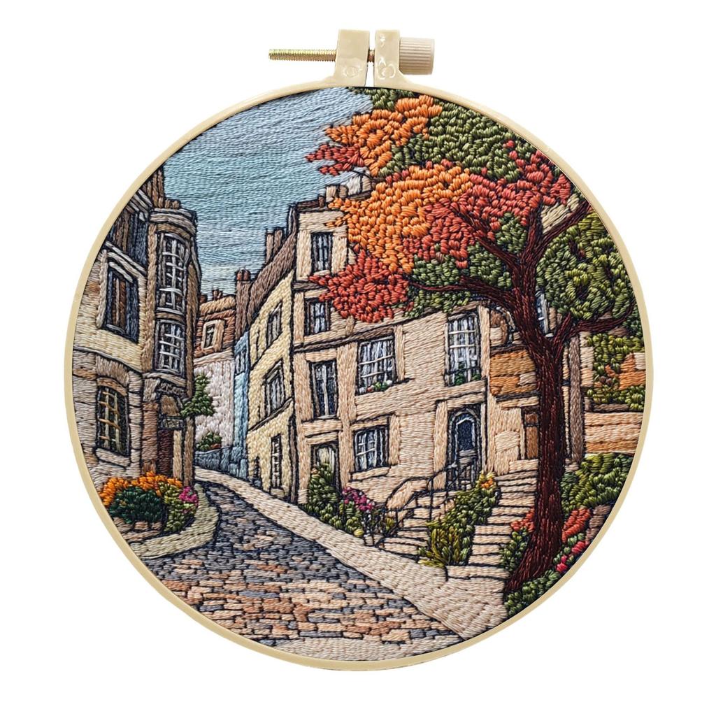 1pc House and Tree Landscape Embroidery DIY Fabric Craft Kit with Tools