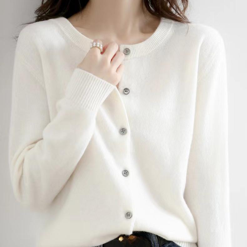 Herbst- und Winterstrickjacke Damen Lockerer Pullover Rundhalsjacke Lässige Strickjacke Einfarbiges Basisstrickjacken-Jacket