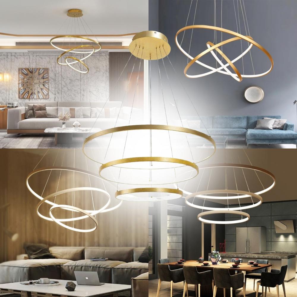 LED-Deckenhängeleuchte, Kronleuchter, 3 Ringe, 76W, goldfarben, verstellbar, NEUTRAL