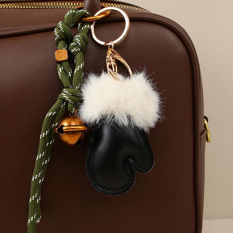 1Pcs Simple Birthday Christmas Pendant Cute Versatile Leather Glove Keychain Creative Metal Bell Braided Rope Bag Charm Decor