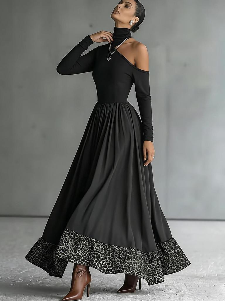 2026 European and American Women's Patchwork Slim High Collar Elegant Long Dress