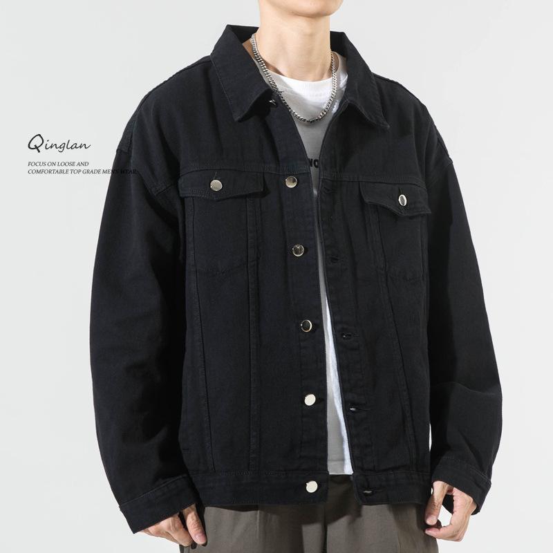 Black Denim Jacket Men'S Loose Casual Large Size Fat Man Thin Versatile Ruffian Handsome Tooling Jacket Top
