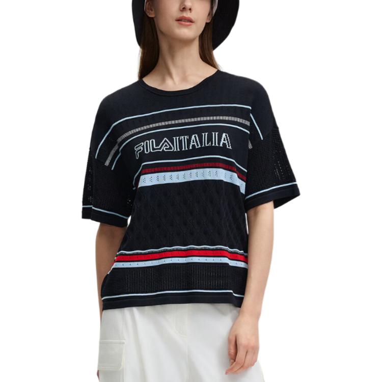 Fila Emerald Letter Embroidery Striped Pattern Round Neck Pullover Short Sleeve Knit Top Women Tops Legendary-Blue F11W434404F-NV