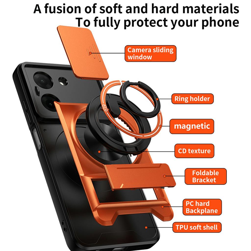 For Xiaomi Redmi A5 NFC (EU) (173.45mm) Magnetic Case Ring Holder Foldable Kickstand TPU PC Phone Cover with Camera Lens Slider