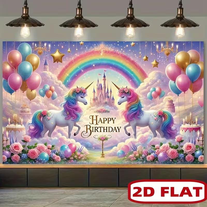 2D Unicorn Happy Birthday Backdrop Rainbow Castle Photography Background for Kids Party