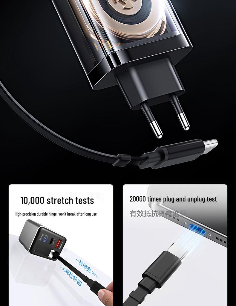 65W GaN Charger with Retractable Cable & Digital Display for Apple & Huawei