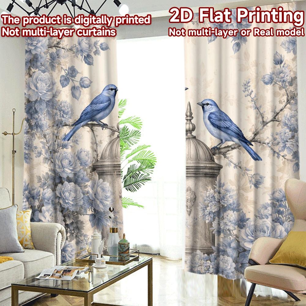 2D FLAT PRINTING 2pcs Curtains (Without Rod) Vintage Bluebirds and Roses Fashionable Popular Curtains Polyester Curtains Room
