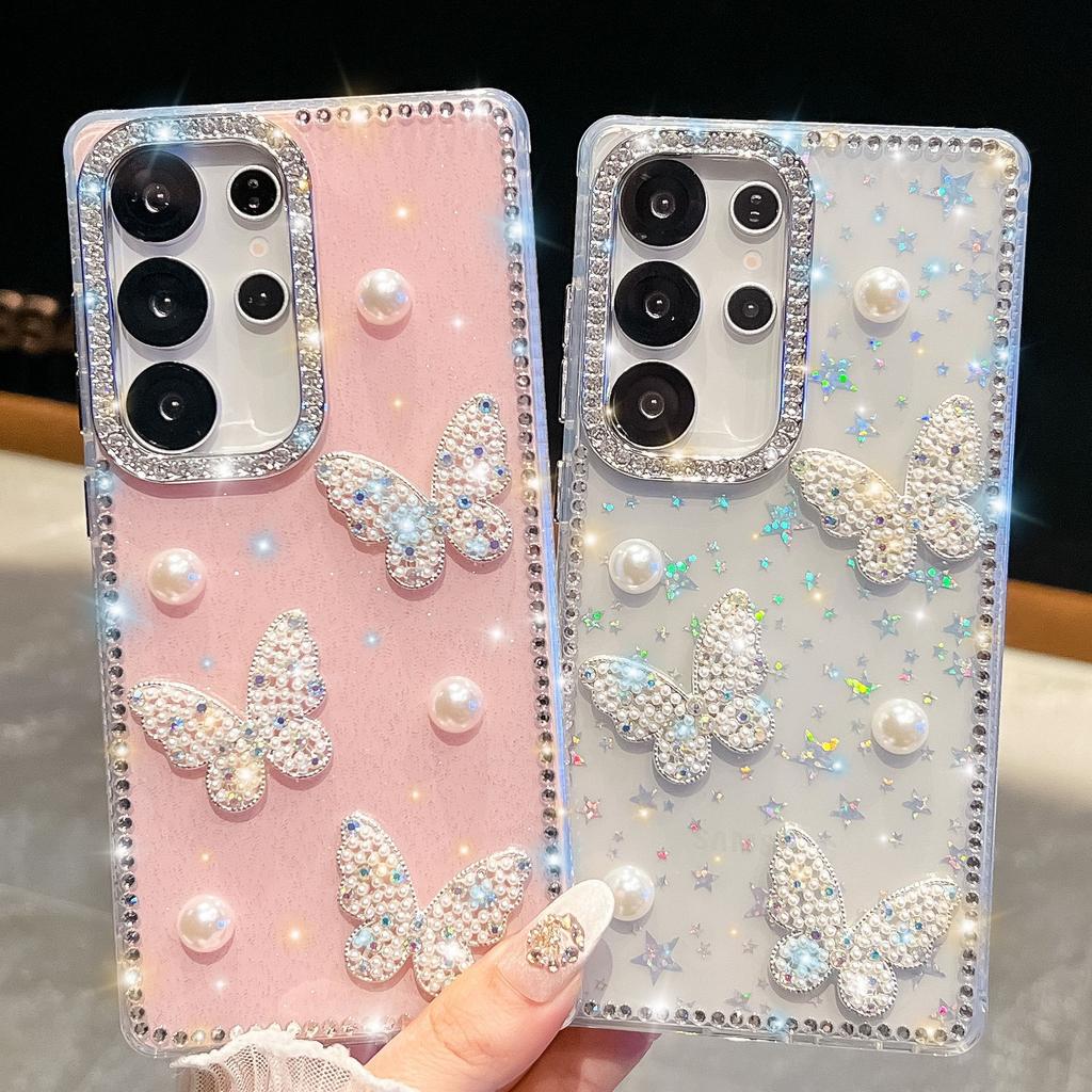 Glitter Pearl Butterfly Suitable for Samsung S25 Ultra Mobile Case Flash Diamond S24FE Luxury A56 Protection Case