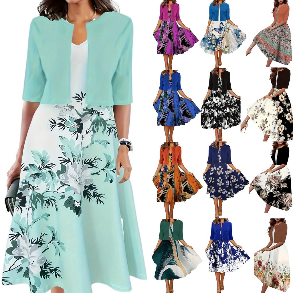 Damenkleid mit floralem Print, Kurzarm-Cardigan und rosa Rosendesign