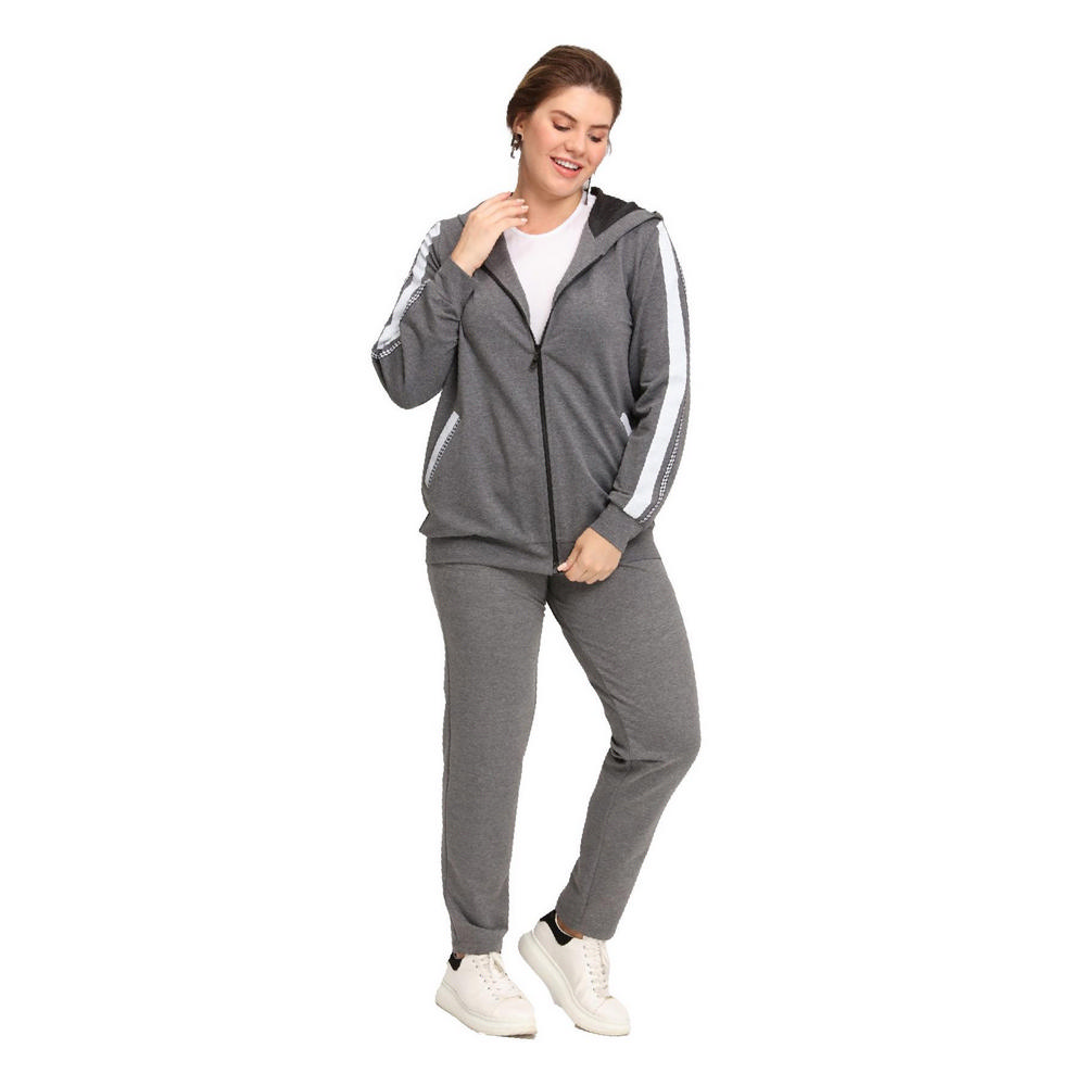 Fierte Women's Large Size Jacket Lm45011 Zipper Closure Seasonal Hood Stripe Detail Double Pocket Long Sleeve Sports Tracksuit Top Anthracite Black