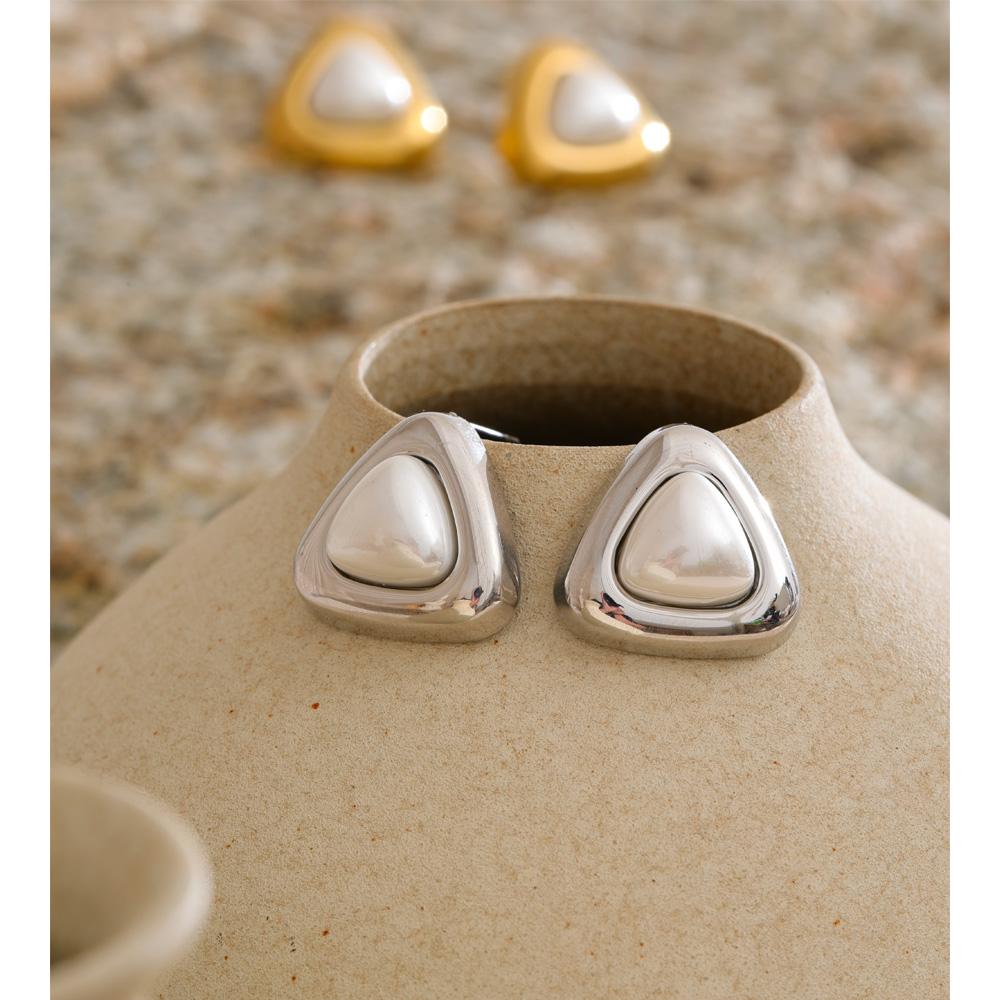 Yhpup 2025 Stainless Steel Imitation Pearls Triangle Stud Earrings Arrivals Elegance Chic Korean Trendy Exquisite Jewelry Women