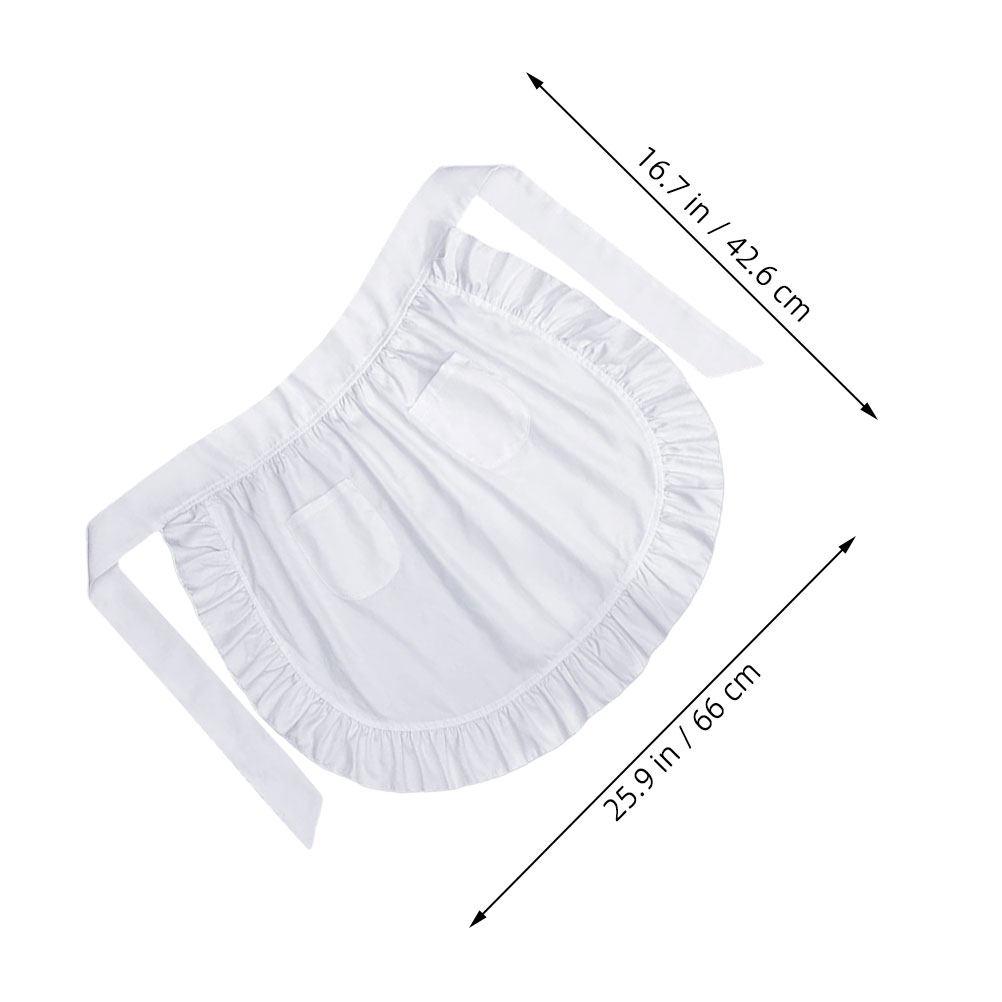 

White European Style Maid Apron Half Waist Soft Polyester Ruffled Edges 2 Pockets Kitchen Cooking Waitress Server білий