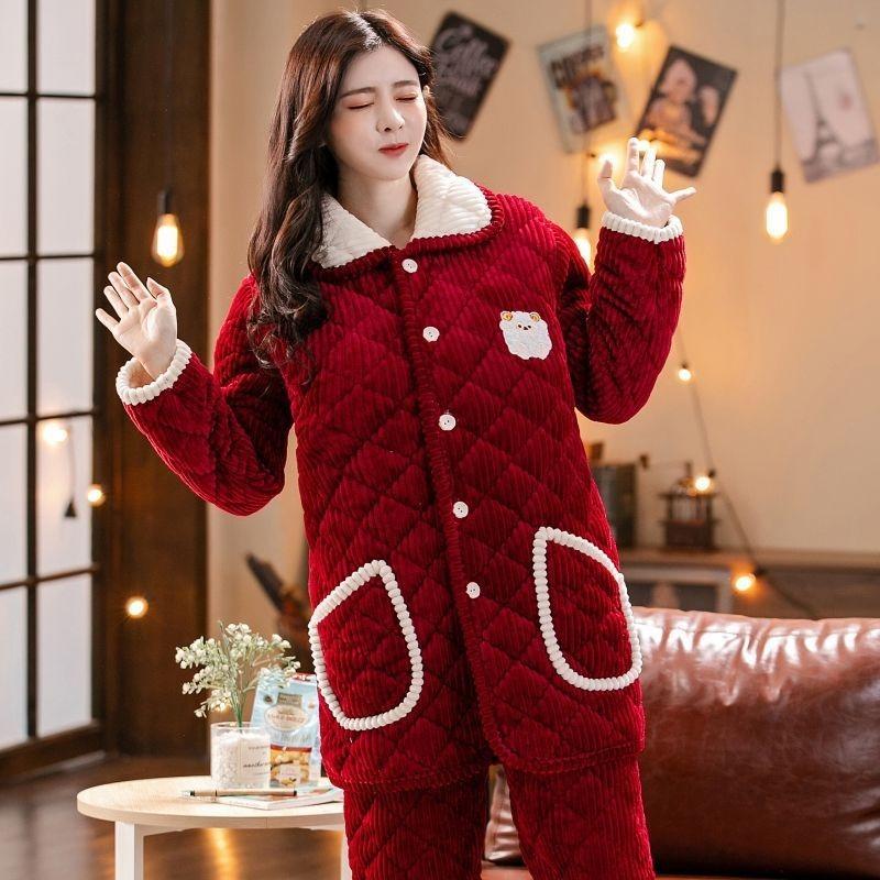 Pajamas women's winter three-layer thickened models fleece coral fleece warm padded cotton autumn and winter women's loungewear
