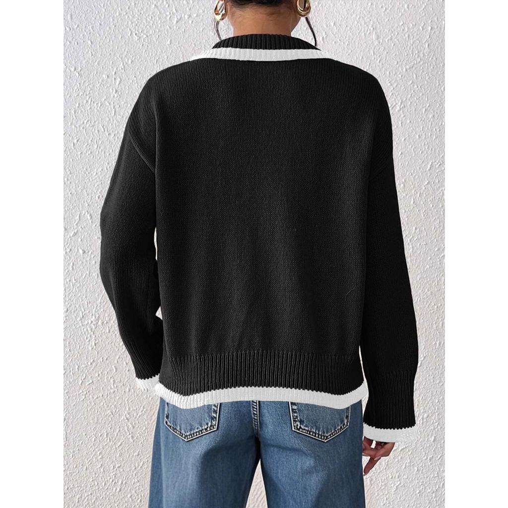 Women's Fall Winter Pullover Sweater, Contrast Color Collar Flower Embroidery Beaded Patchwork Top, Casual Women's Clothing