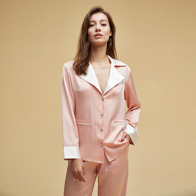 Autumn New Pajama Set Solid Color Satin Loose Loose Home Clothes Sexy Lapel Long-sleeved Cardigan Trousers Pajama Set