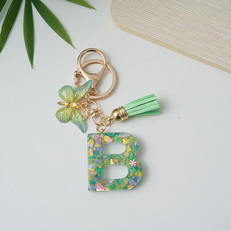 A-Z Initial Letter Keychain Green Butterfly Tassel Letter Charm Bag Pendant Couple Key Holder Pendant For Friend Gifts