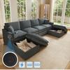 Sofá de Canto em L ou U, Sofá Modular de 6 Lugares com 2 Pufes Móveis e 2 Almofadas, Algodão e Linho, para Sala de Estar/Quarto, Cinza, 277×80×135 CM