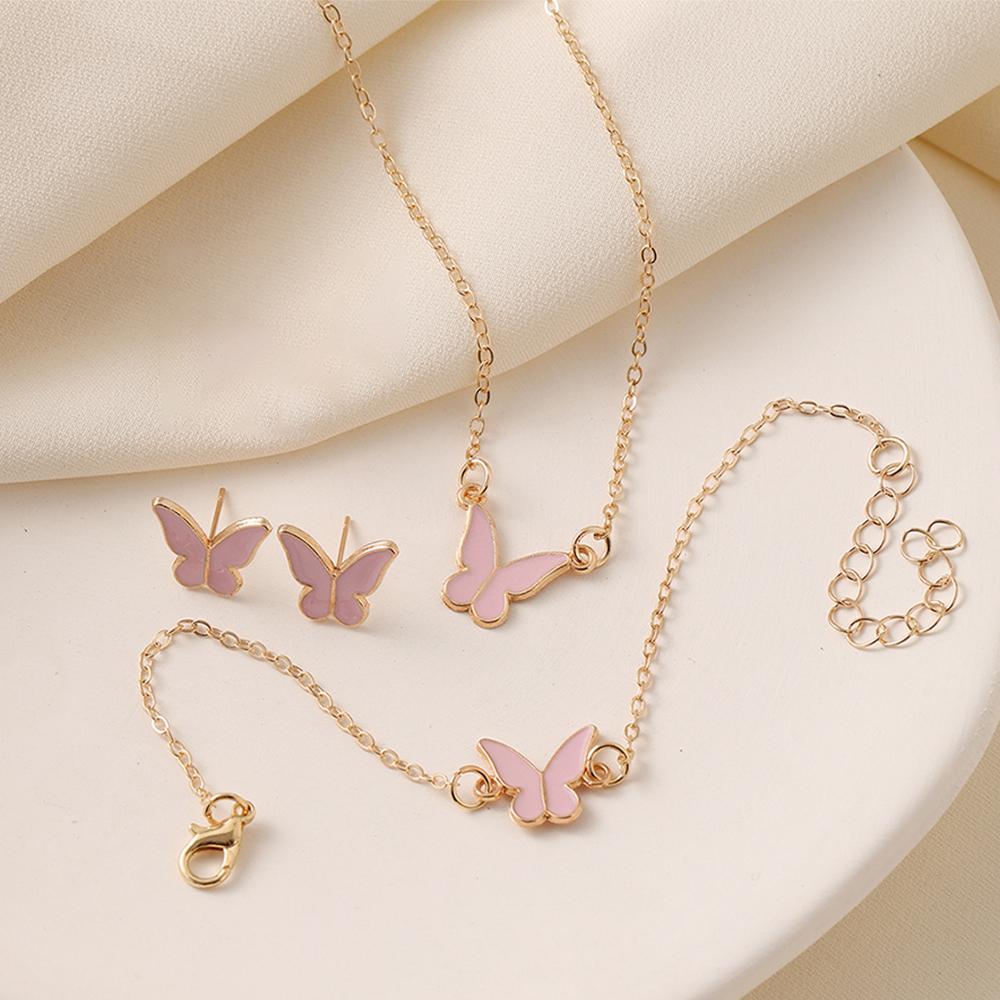 4 Piece Women Fashionable And Elegant Butterfly Pendants Forest Style Earrings Collarbone Chains Bracelets Temperament Set