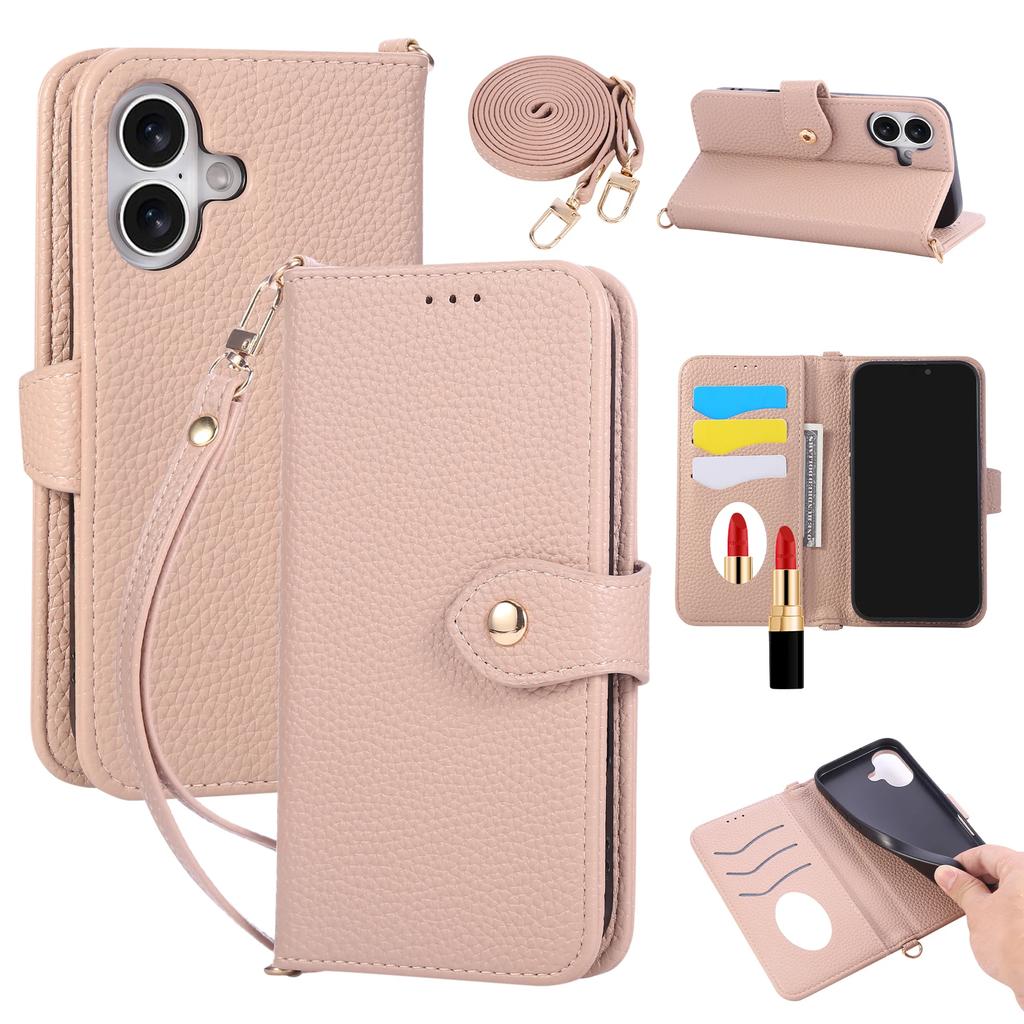Crossbody Strap Mirror Wallet with Card Holder Phone Case for IPhone 16E 16 15 14 Pro Max 13 12 11 7 8 Plus Leather Flip Cover