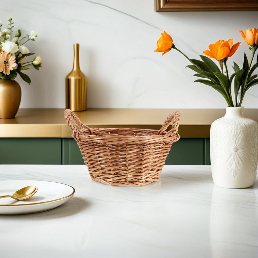 Round Willow Wicker Basket with Double Handles Decorative Tabletop Organizer for Bread Snacks Vegetables Easter Gift Hamper