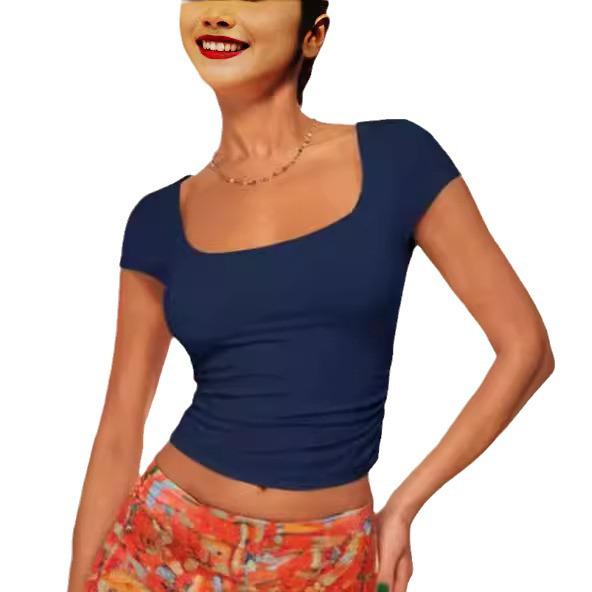 Women's 2024 European & American Slim Fit Solid Color Short Sleeve Square Neck Summer Casual T-shirt