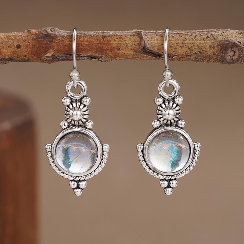Huitan Aesthetic Imitation Moonstone Dangle Earrings for Women Bohemia Style Flower Earrings Anti Silver Color Vintage