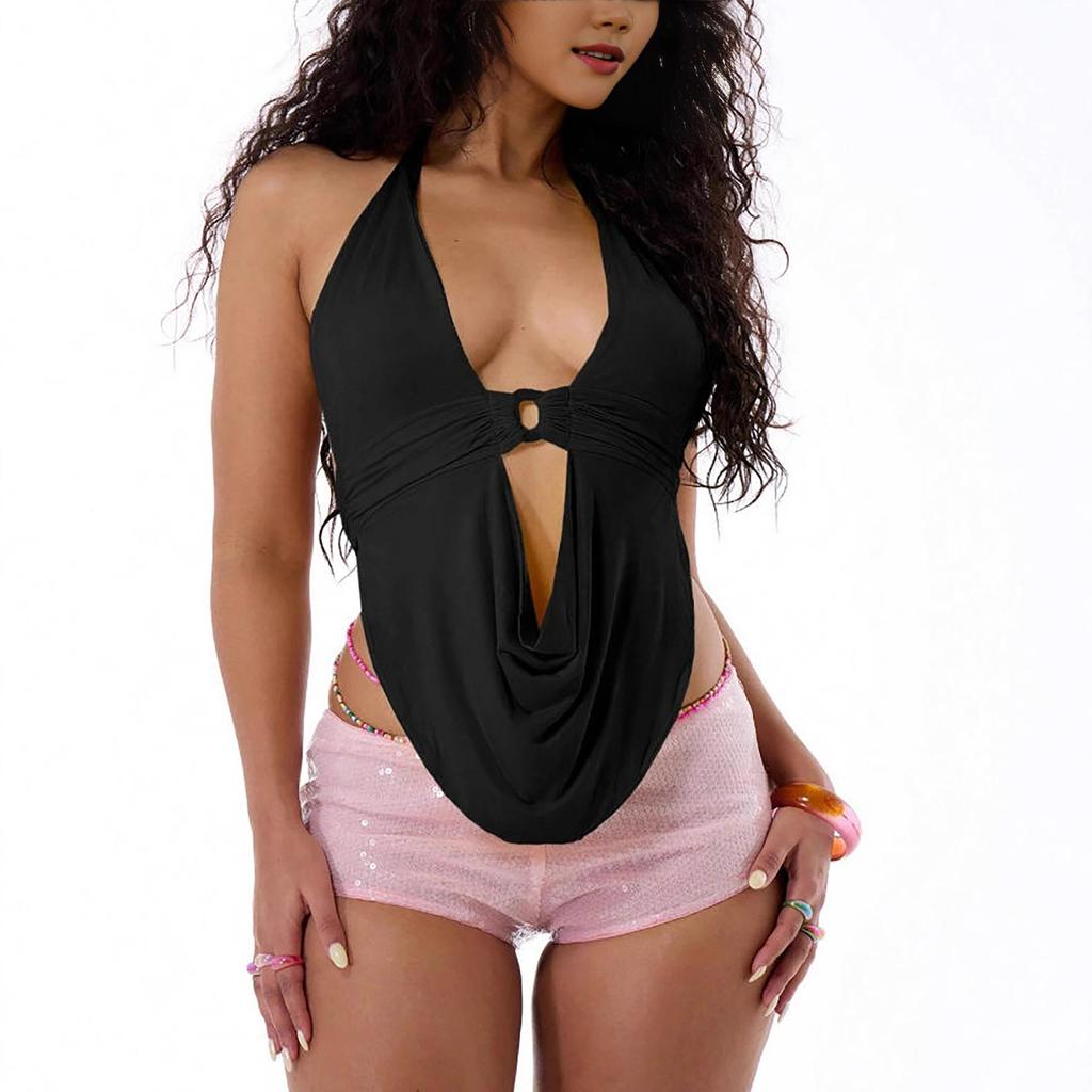 European and American new vest sexy babes hanging neck deep V hollow women's clothing small backless