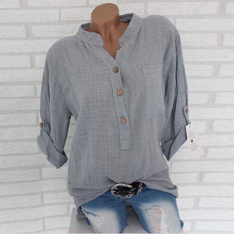 Spring Autumn Cotton Linen Shirts Women Roll Long Sleeve Plus Size Shirt Solid Color Buttons V Collar Pocket Tops