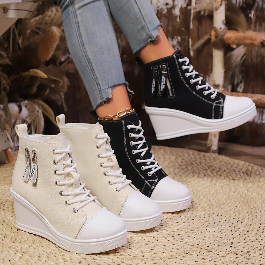 2025 New Women Lace-Up Platform Outdoor Wedge Invisible Heel Canvas Shoes Wedge Side Zipper Increased High Breathable Sneakers