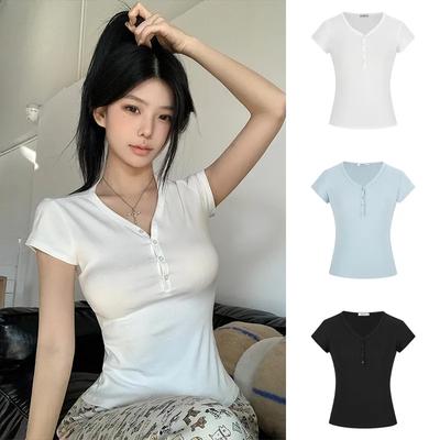 Damen Henley-T-Shirt mit V-Ausschnitt Gerippter Strick Kurzarm Schmale Passform Einfarbige Lässige Tägliche Oberteil