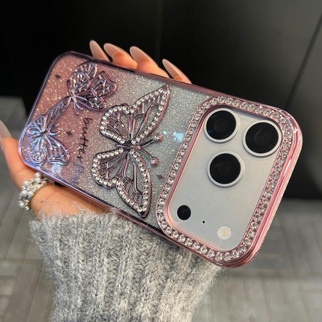 iPhone 17 Pro Max Electroplated Rhinestone 3D Butterfly Glitter Anti-Fall Case