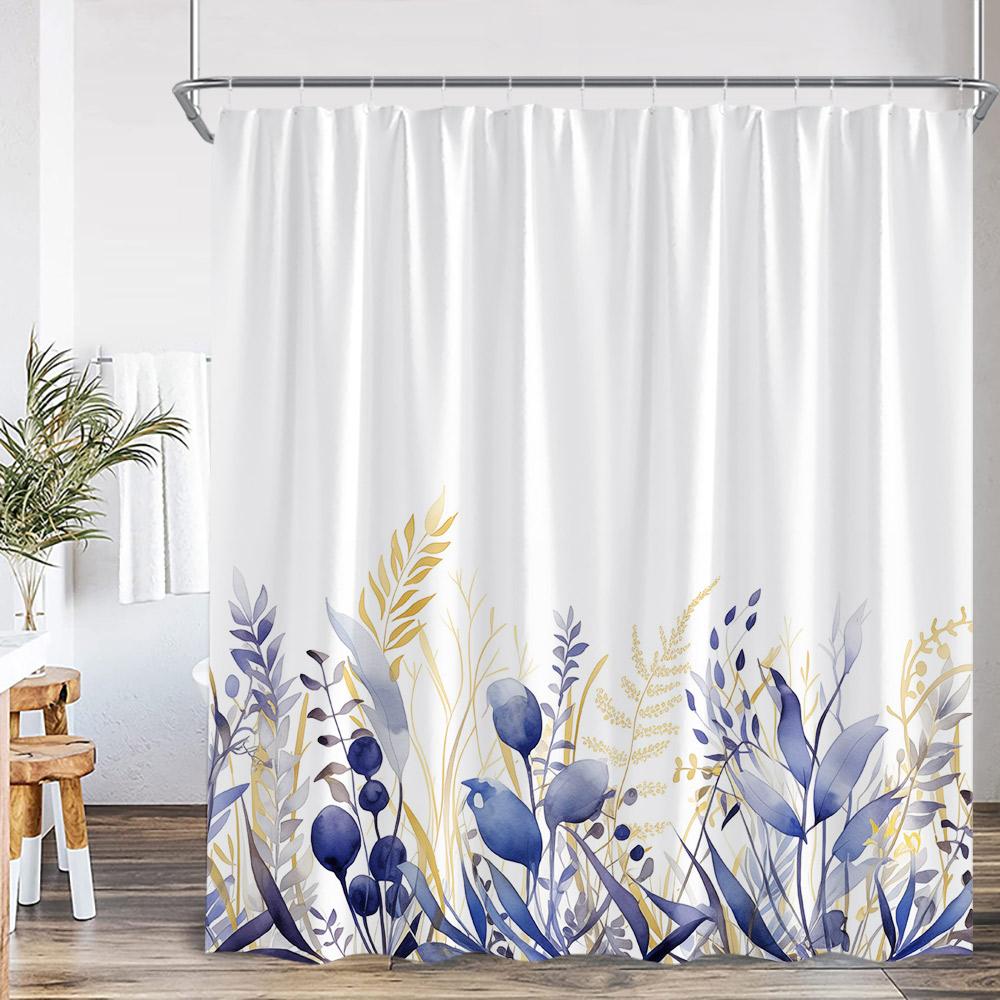 Watercolor Floral Shower Curtain Colorful Flower Green Blue Teal Plant Botanical Bathroom Decor Polyester Bath Curtain with Hook