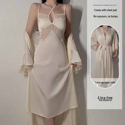 Pure Desire Ice Silk Nightdress Set: Rose-Inspired Lingerie with Deep V Neckline and Breast Pads, Comfortable Outer Robe - Model Z4553